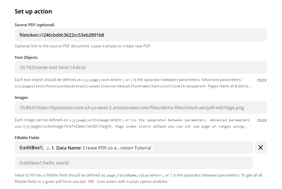 Configure PDF Filler With Fillable Form And Asana Data