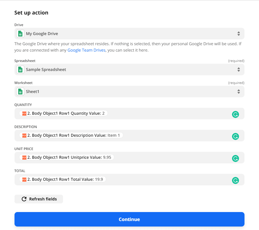 Select the drive that you want to use, select the Spreadsheet that you'll be using, select which Worksheet you'll want to add the new row, and set the Value of the row that you want to add