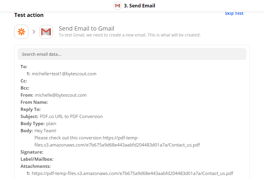 Send Email : Test Action