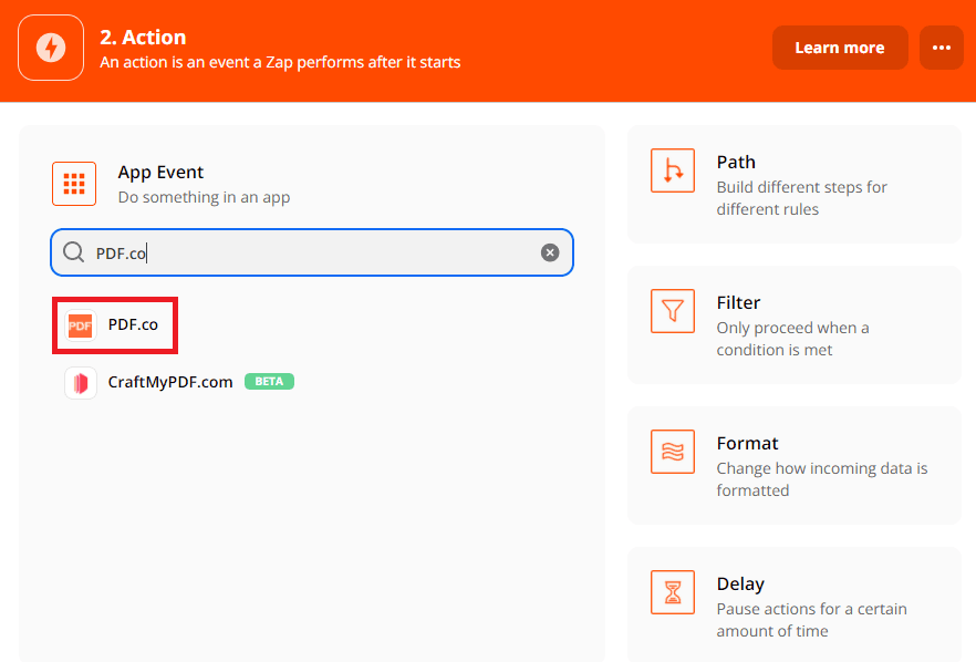Choose PDF.co as the Action App