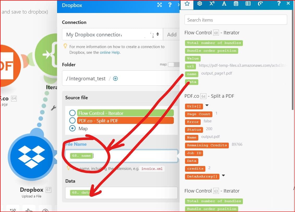 Connecting Flow Control - Array Iterator to Dropbox