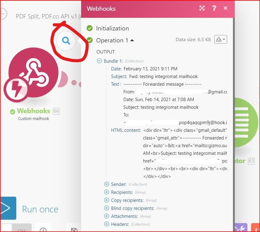 Screenshot of the Webhooks Output