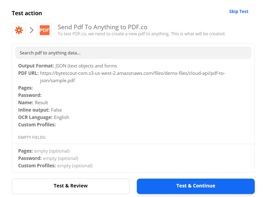 Zapier Test action screenshot