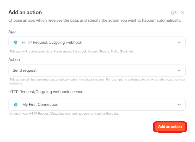 Screenshot of adding action button