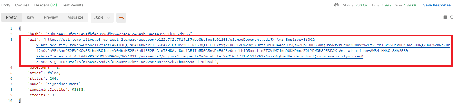 PDF.co API Call Result With Temporary URL