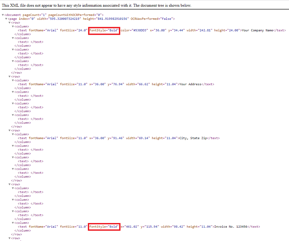 Screenshot of Output XML