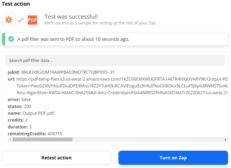 Test action successful