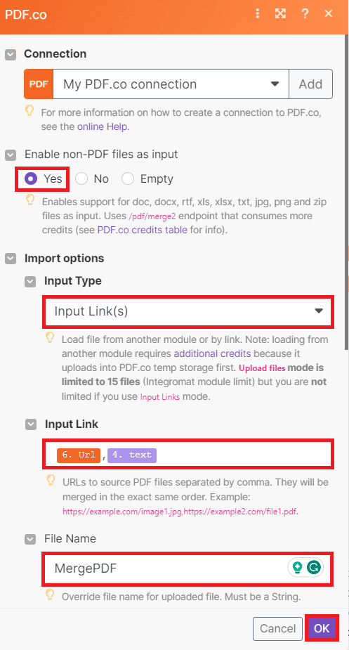 Setup Merge a PDF Configuration