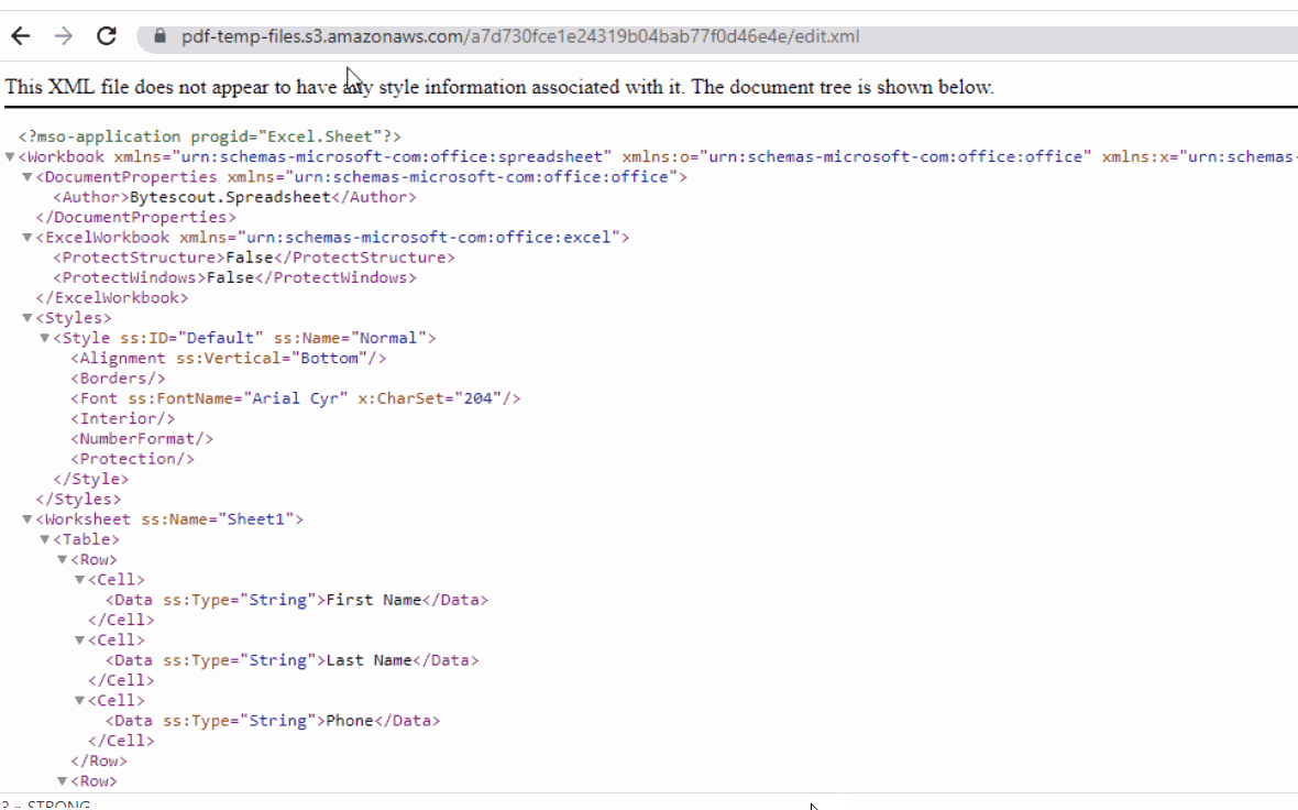 Output Of XLS Converted To XML